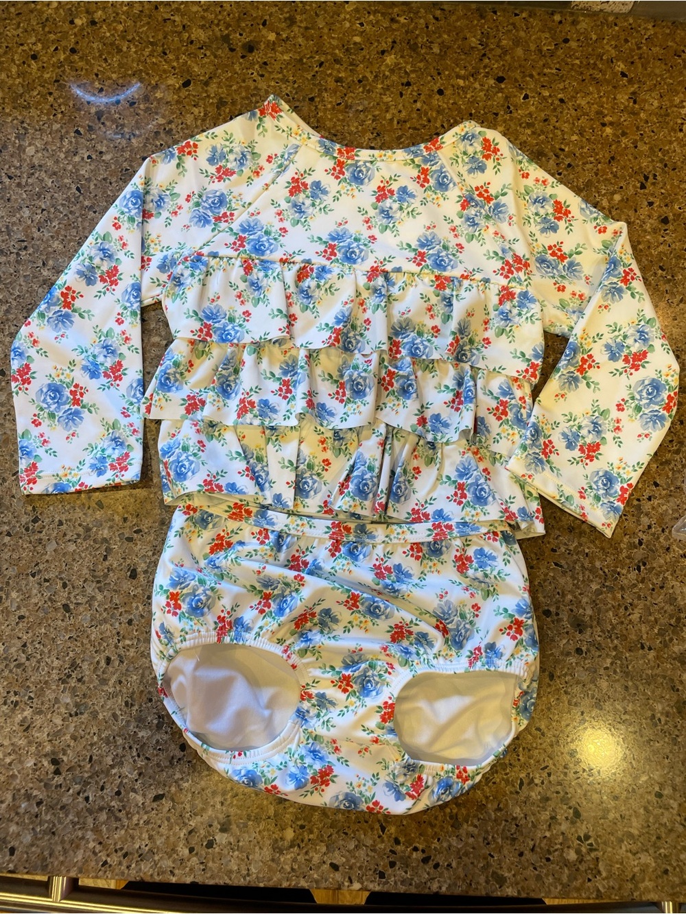 Janie and Jack Cream Floral 2 pieceRuffle Swim with Blue & Red Flowers